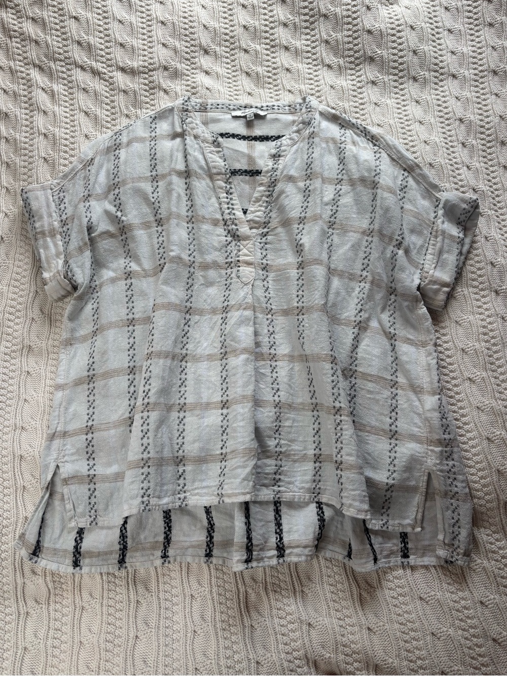 Madewell Light Gray and Beige White Striped Cotton V-Neck Blouse